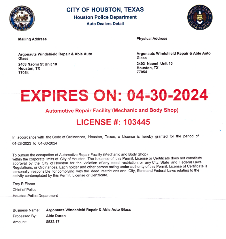 ARF - License with the City of Houston, TX Able Auto Glass 2022 - 2024 in Houston, TX