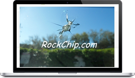 Picture of a large rock chip in a windshield that we were able to do a windshield repair.  This rock chip photo was frame onto a laptop screen.