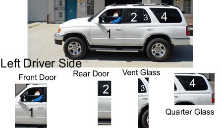 Side auto glass on a Toyota 4-Runner. Different glass parts: Door Glass, Quarter Glass, Sliding Cargo Door Glass, 
Vent Glass, Window Glass on a 2001 Toyota 4Runner