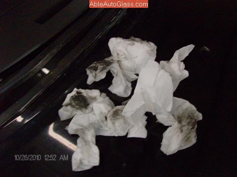 Dodge Charger 2006-2010 Windshield Replacement View of Dirty Towels Used to Clean Pinchweld