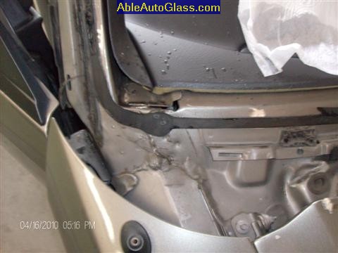 Ford Saleen Mustang Convertible 2002 Windshield Replacement - View of Old Seal and Dirty Pinchweld at Passengers Side