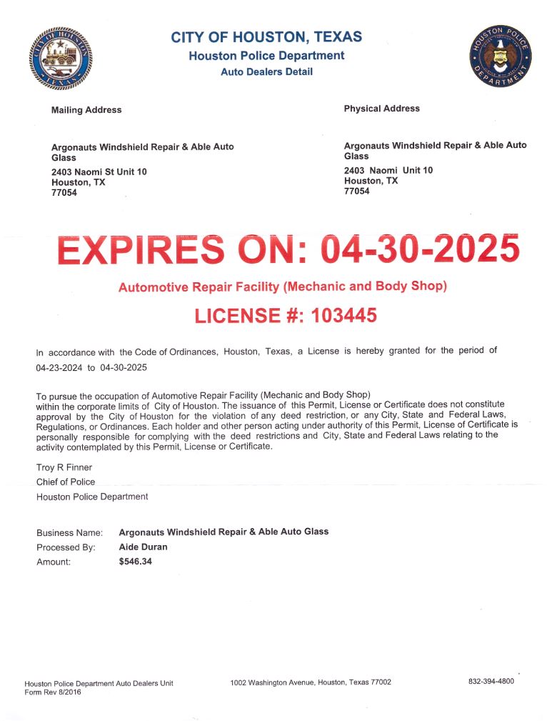ARF - License with the City of Houston, TX Able Auto Glass 3034-2025 in Houston, TX